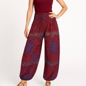 Harem Pants Smocked Waist Paisley Bohemian Travel  Holiday Joggers Burgundy M